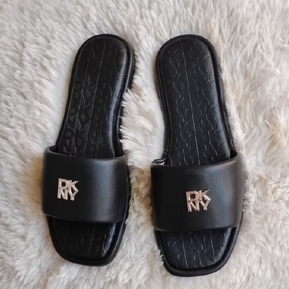 Dkny Shoes - DKNY Black Slide Sandals with Metallic Logo